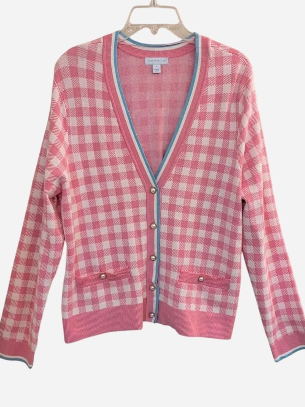 Charter Club Pink & White Gingham V-Neck Cardigan Size XL NWT